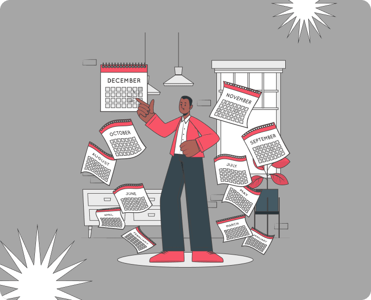 A man pointing at the calendar with his finger wearing red and dark grey clothes. Schedule icons around him. Light grey background.