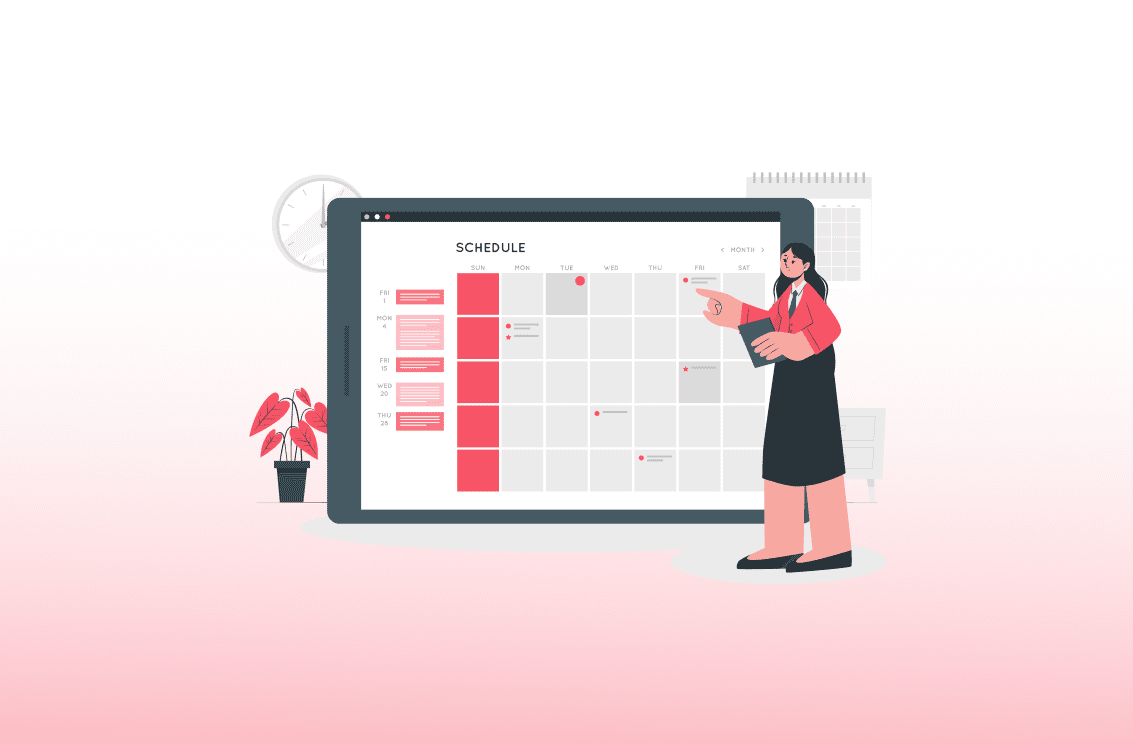 A woman showing a schedule on a big screen. Red background.