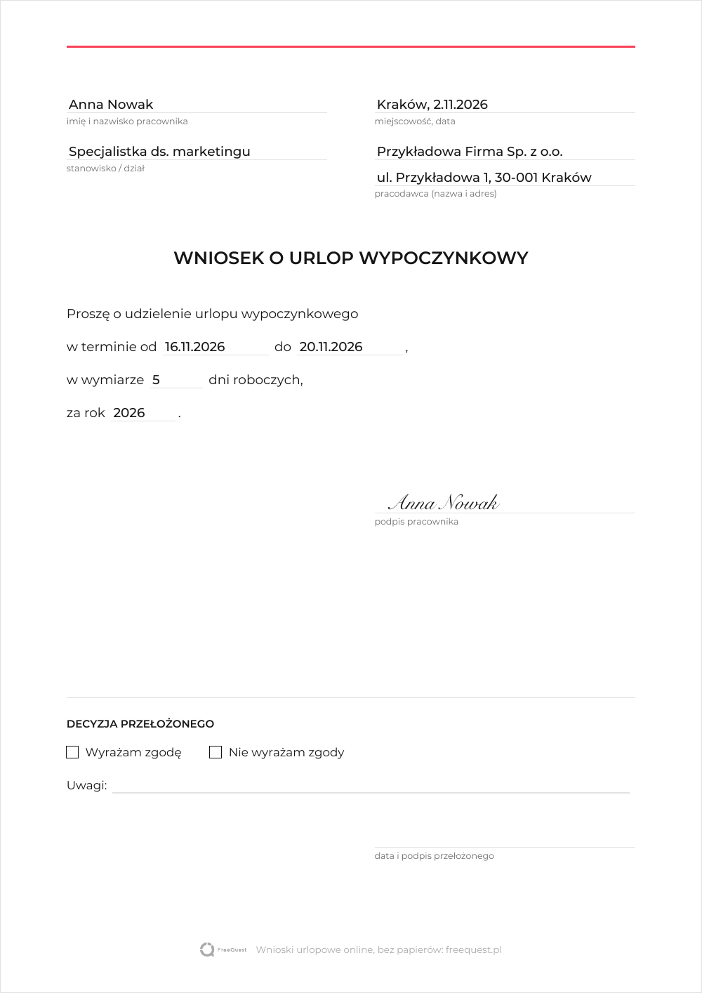 Przykład wypełnionego wniosku o urlop wypoczynkowy